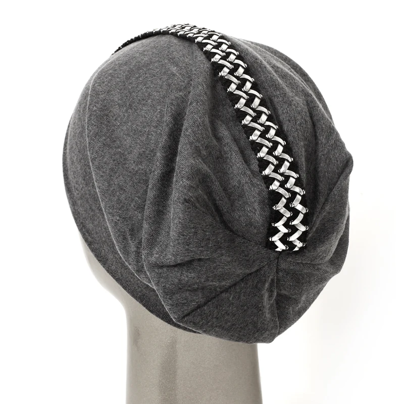 Women Gold Silver Wave Webbing Skullie Beanies Female Bonnets Caps Cotton Stretch Soft Hats Fashion Casual Solid Cap image 5