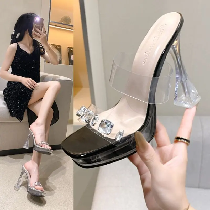 

Big size 35- 42 Rhinestones Bowknot Transparent PVC Women Slippers Elegant High heels Summer Shoes Sandals Fashion Mules Slides