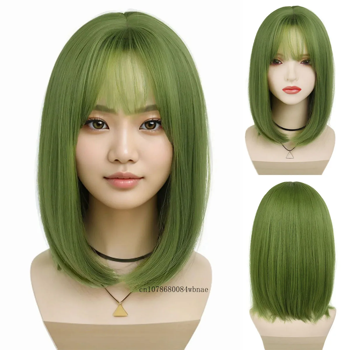 

Synthetic Short Straight Green Wigs Cute Bob Cosplay Wig with Bangs for Women Girls Heat Resistant Costume Party Halloween Use