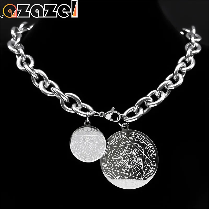 

Stainless Steel Hip Hop Round Pendant Necklace for Women Men Seven Archangels Amulet Seal of Salomon Talisman Necklace Jewelry