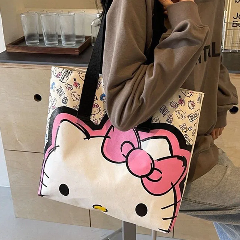 Sanrio Hello Kittys Shoulder Bag Cute Cartoon Casual Canvas Full Screen Large Capacity Kawaii Anime Shopping Bag Toys Girl Gifts