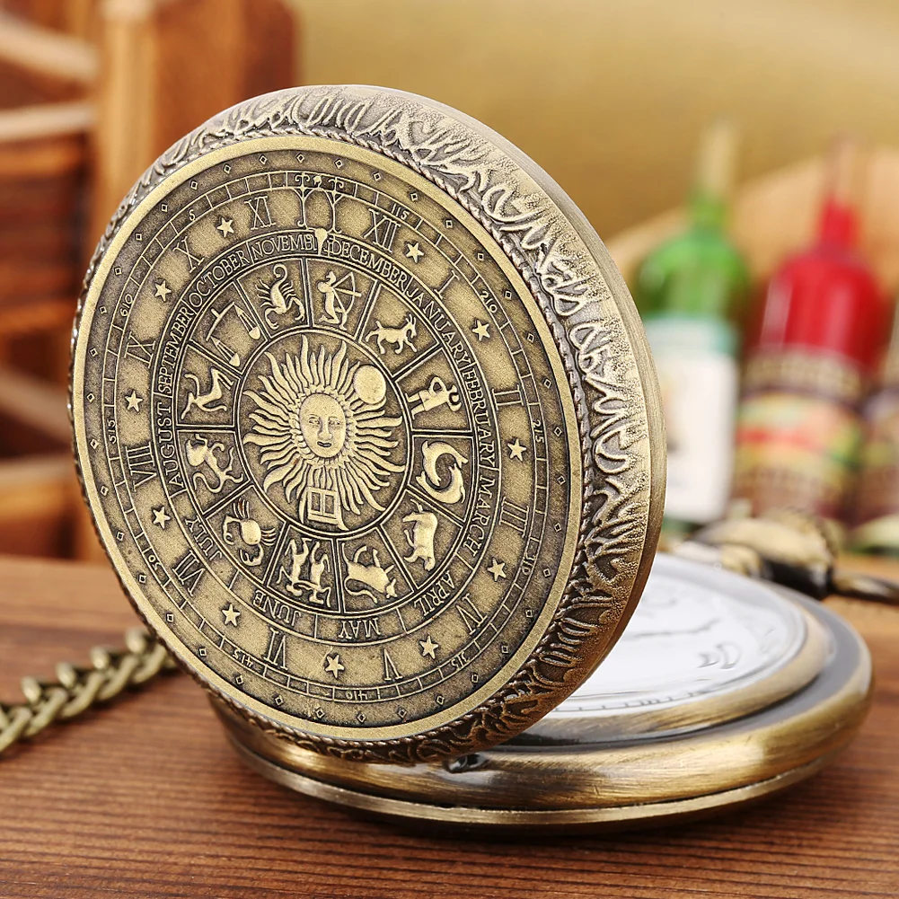 Reloj de bolsillo gótico Vintage para hombres y mujeres, pulsera de mano de cuarzo de bronce con 12 Constelaciones, cadena Fob Retro, regalo de cumpleaños