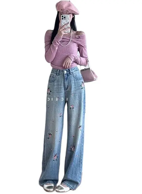 Embroidery Sequins Jeans Women Harajuku NEW Blue  Baggy Casual Pants Vintage Aesthetic Pants  Wide Denim Trousers