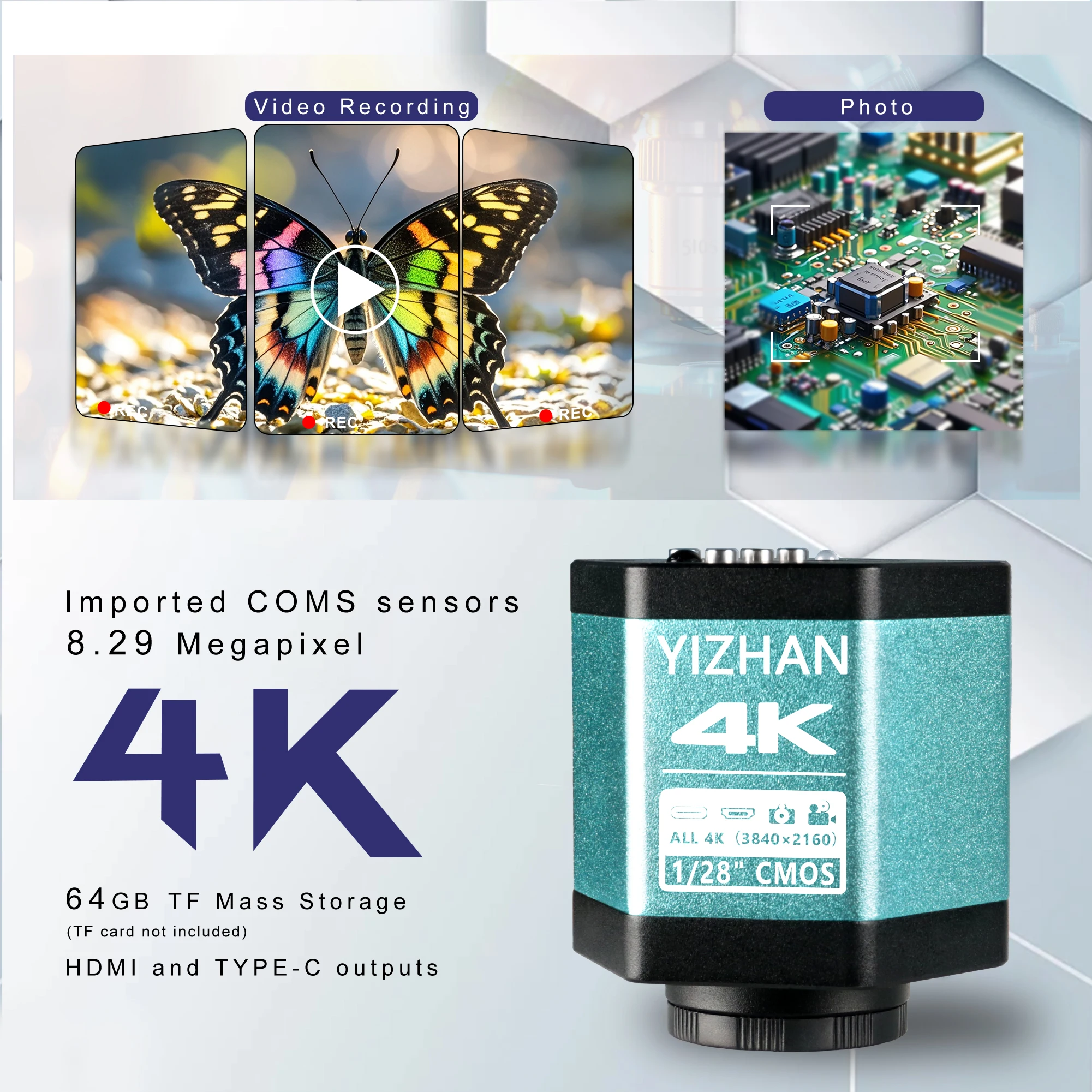 YIZHAN 4K FHD 60fps HDMI และ USB-C เอาต์พุต imx415 Sensor กล้องจุลทรรศน์อุตสาหกรรมดิจิตอลกล้องซอฟต์แวร์สําหรับซ่อมบัดกรี