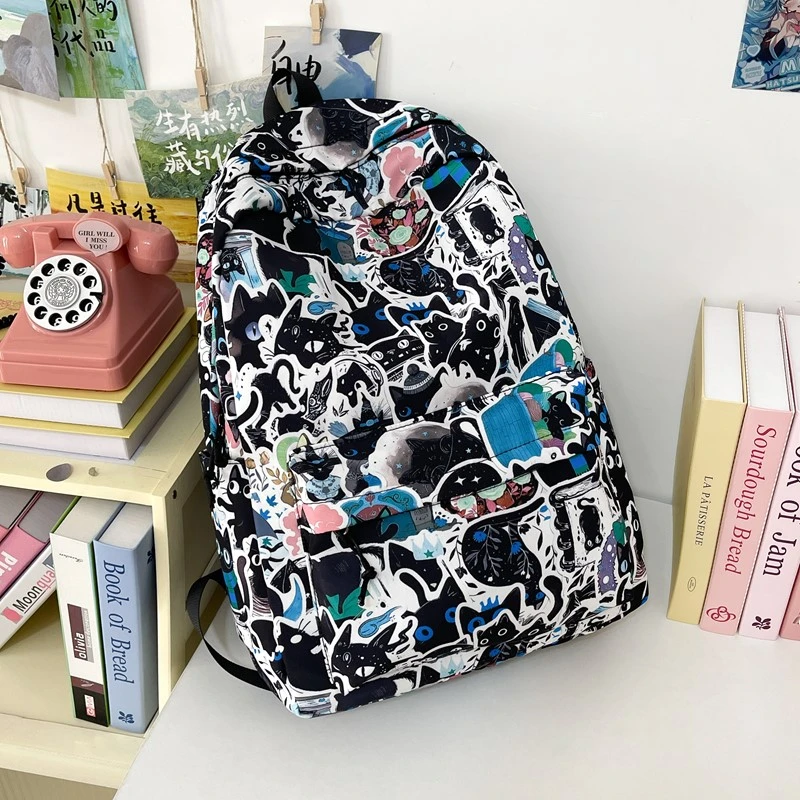 Large Capacity Cartoon Cat School Bags Graffiti Pattern Leisure Or Travel Bags Unisex Waterproof Nylon Backpacks Book Bags