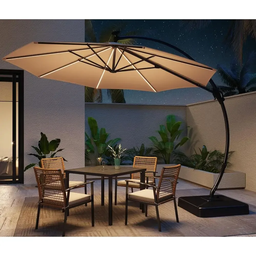 10-Foot Cantilever LED Patio Umbrella with 360° Rotation, Outdoor Offset Umbrella with Base for Backyard, Pool, Garden in Champa
