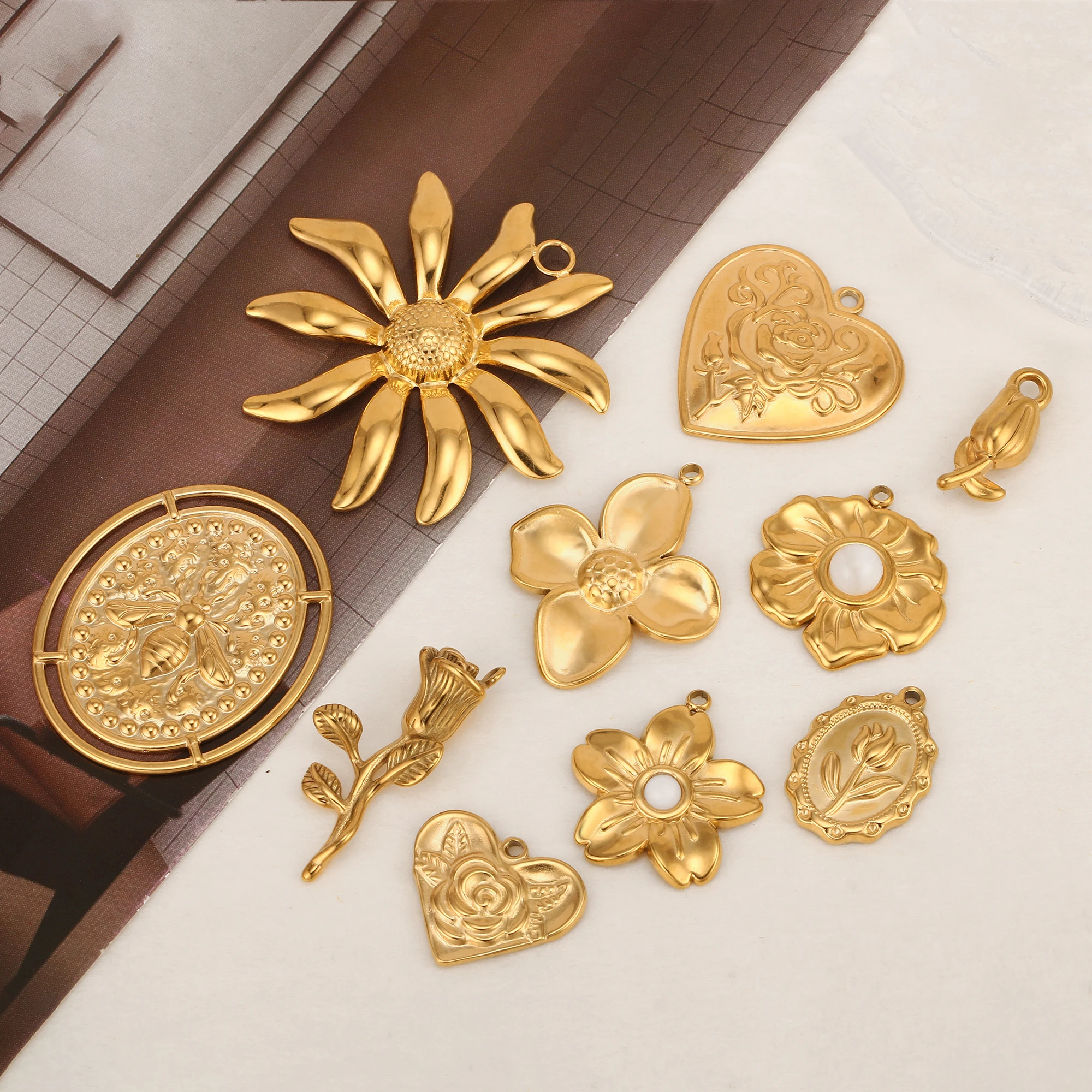 3Pcs Large Bee Connecter Charms Stainless Steel Flower/Rose/Tulip/Honeybee Pendant DIY Crafting Necklace Bracelet Jewelry Making