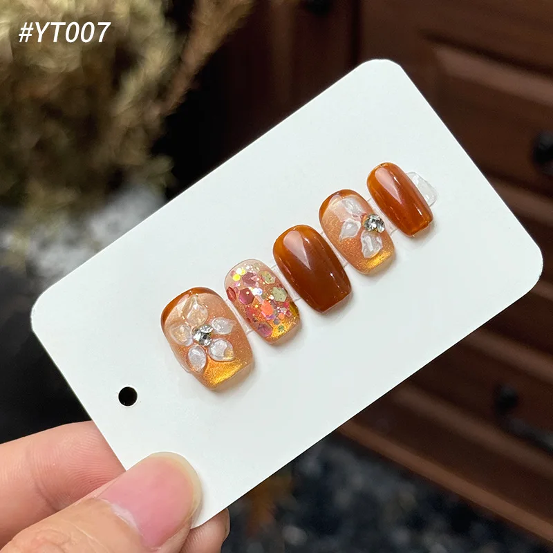 10 Stück handgemachte Nägel zum Aufdrücken, Herbst und Winter, Karamell, Sonnenblumenhonig, künstlicher Nagel für Frauen und Mädchen, abnehmbarer, tragbarer Kunstnagel