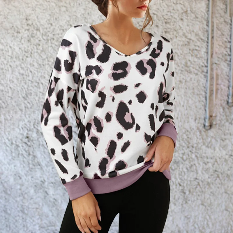 Autumn and Winter New Women's Top Leopard V-neck Long Sleeve Pullover Sweater Female and Lady Casual Tops