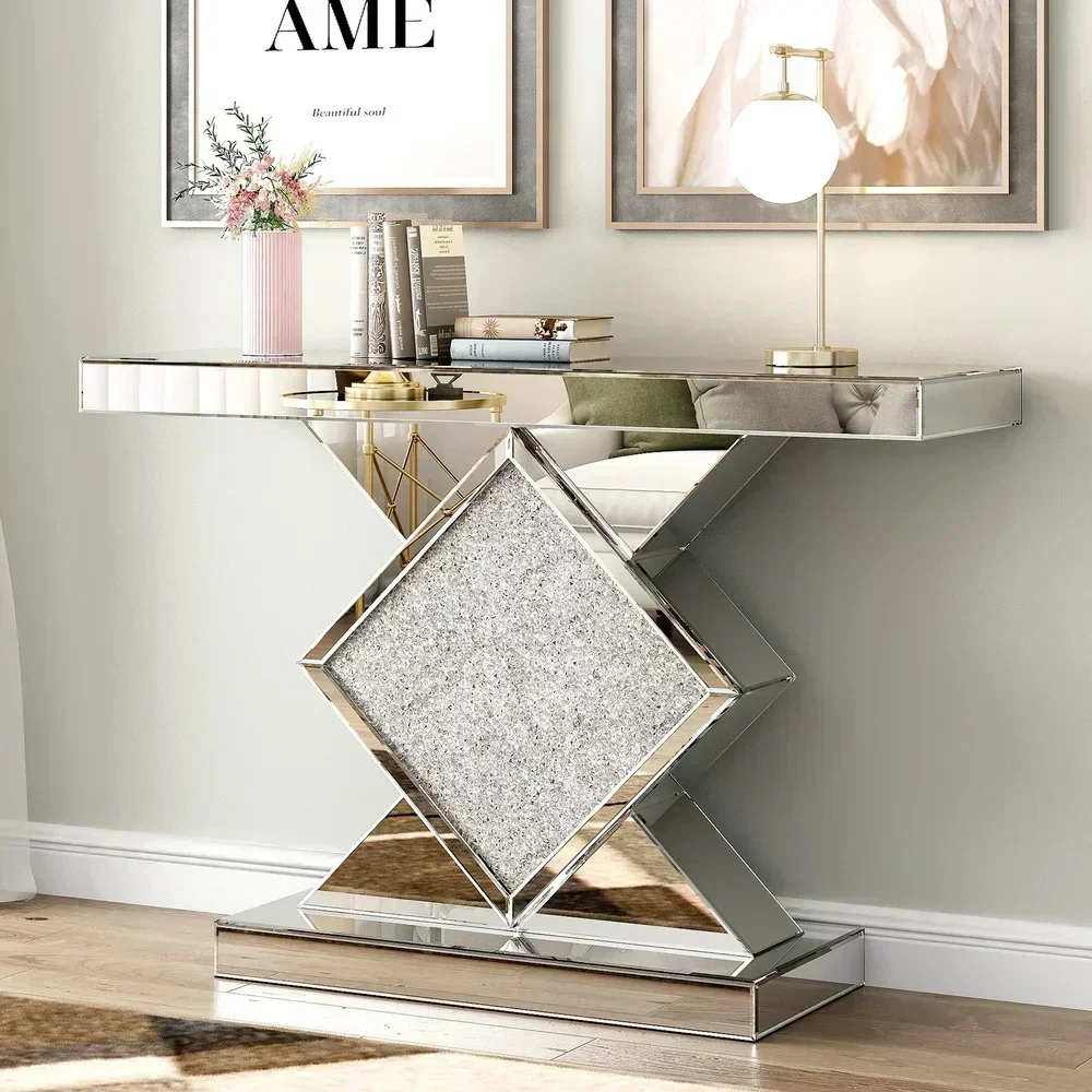 Modern Mirrored Crushed Diamond Entrance Table Elegant Silver Gold With Long Table Top, Anti-slip Bottom For Decoration, Hallway