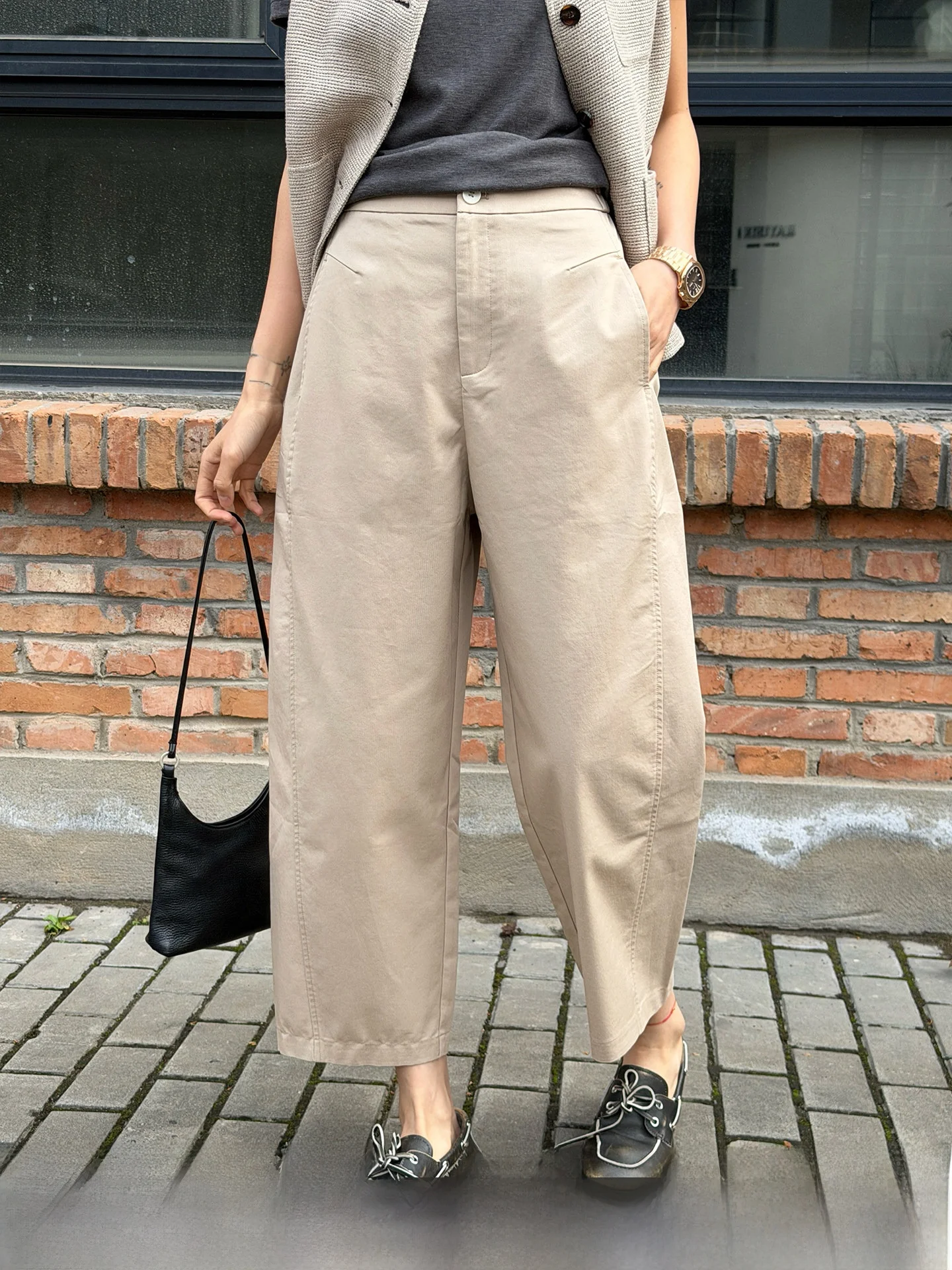 

Khaki Rayon Casual Pants Women's New 2026 Spring Summer Scythe Wide Leg Pants Simple Style Commute Wind Pocket Pure Color