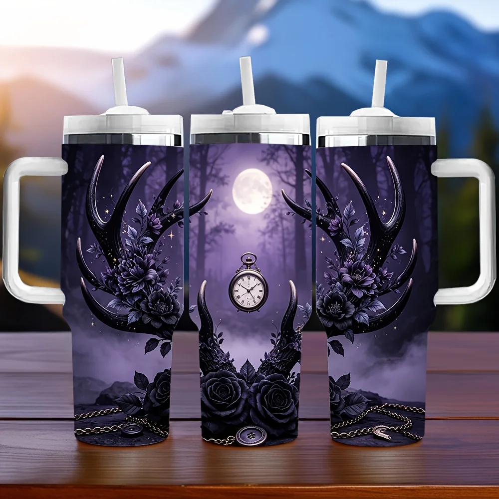 40Oz Insulated Tumbler with Handle, Purple Moon Forest Antler Floral Print, Long-Lasting Insulation, Perfect Birthday Holiday Gift, Suitable for Daily Use And Outdoor Travel Activities