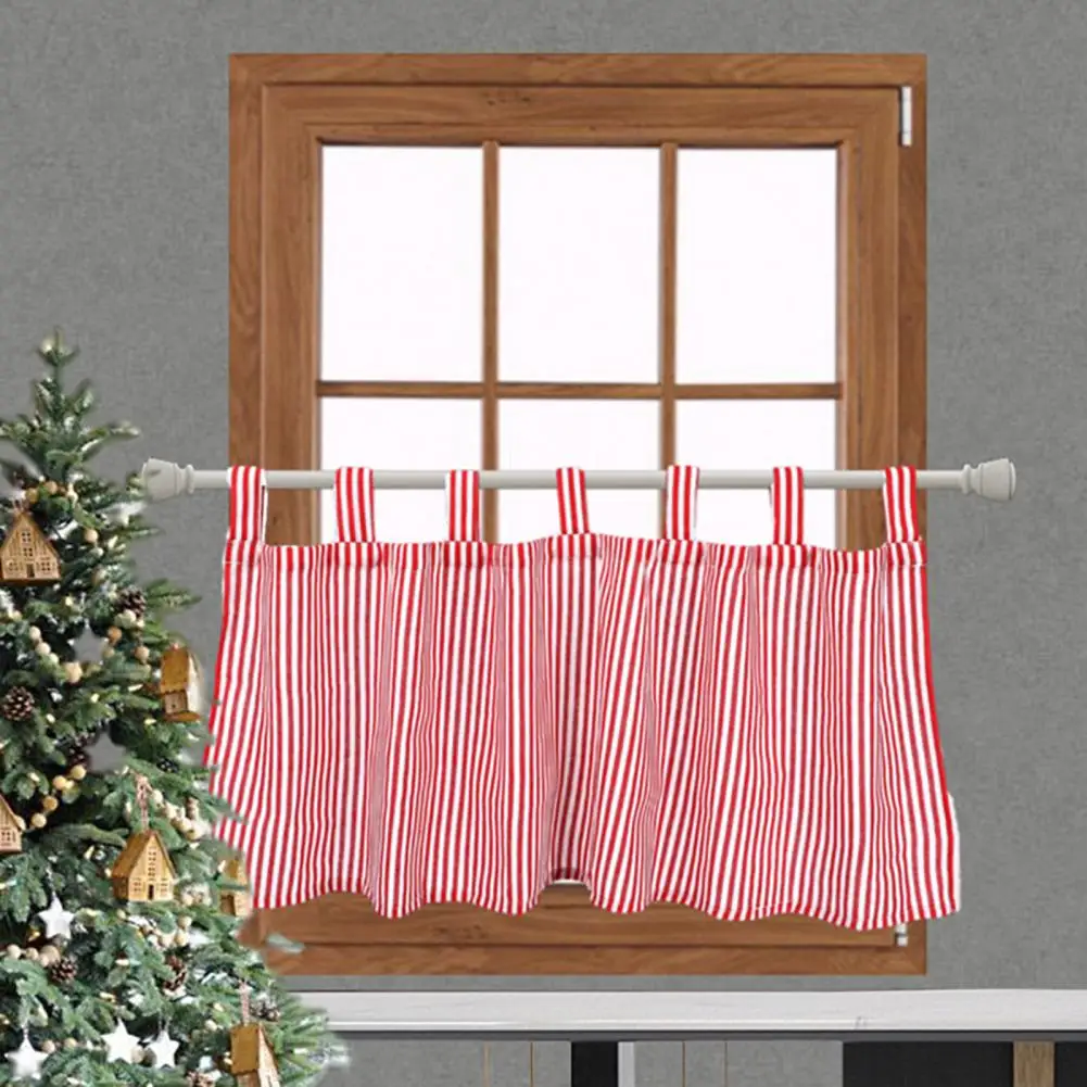 Through-rod Design Curtain Christmas Style Striped Print Valance Curtain for Kitchen Bathroom Decor Contrast Color for Cafe