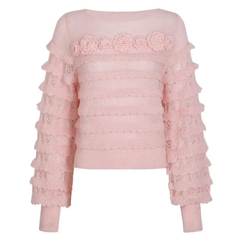 

High Quality Knitted Floral Top Ladylike Fashionable Spring Autumn New Style Overhead Sweater Soft Medium Gauge Knit Loose Fit