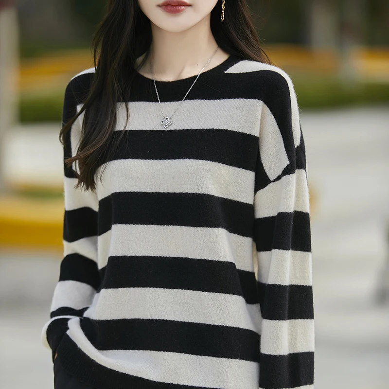 100% Merino Wool Knitted Sweater Women's 2024 Autumn/Winter Fashion O-Neck Stripe Tops Soft Warm Loose Pullover Female Clothes