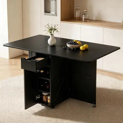 Folding Dining Table with Drawer and Storage Shelves, 53