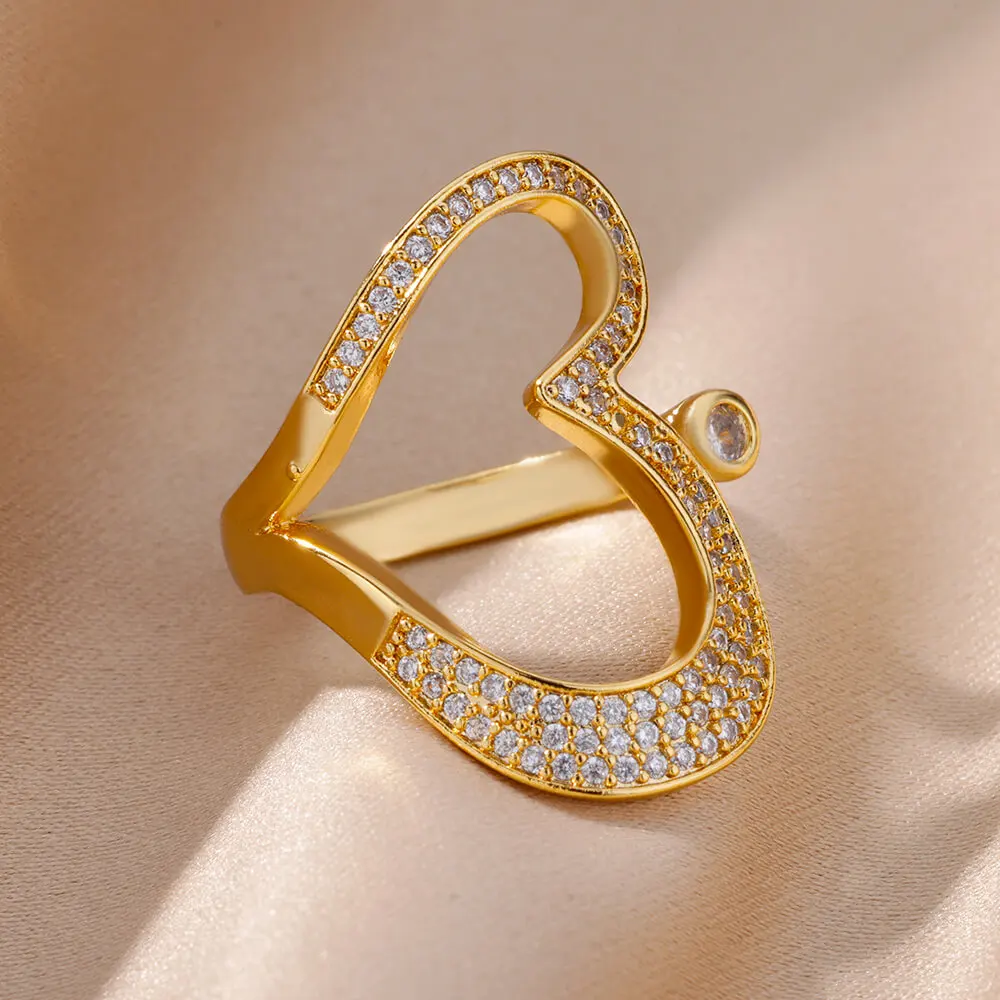 Stainless Steel Heart Rings For Women Gold Color CZ Crystal Zircon Open Finger Ring Wedding Aesthetic Jewerly Gift anillos