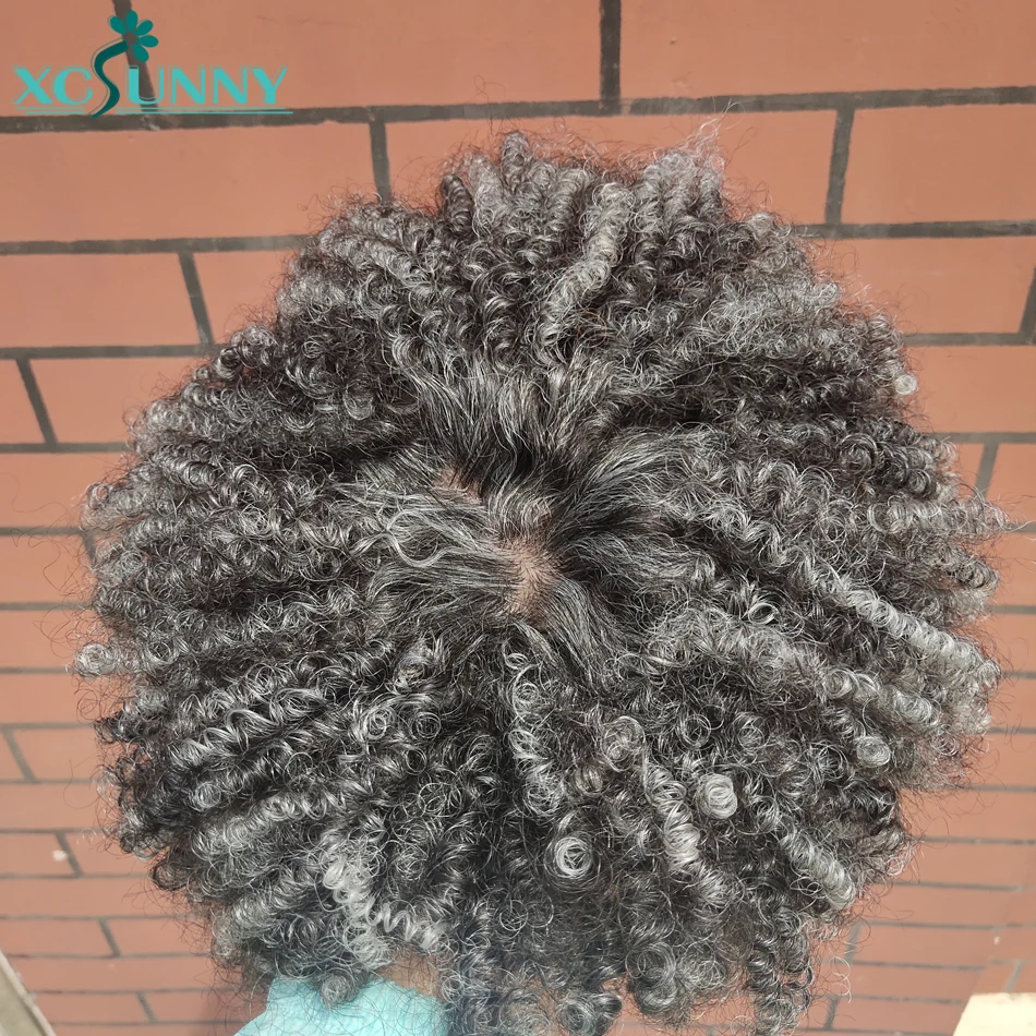 Peluca rizada Afro con flequillo para mujeres negras, cabello humano gris, corto, Bob, resaltado, 200 de densidad