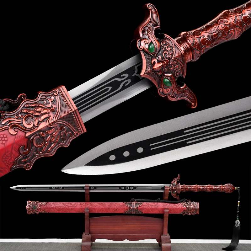 

Chinese Kongfu Han Sword 1060 High Carbon Steel Blade Real Full Tang Sharp Ready Battle Red Eternity Swords Metal Handle Katanas