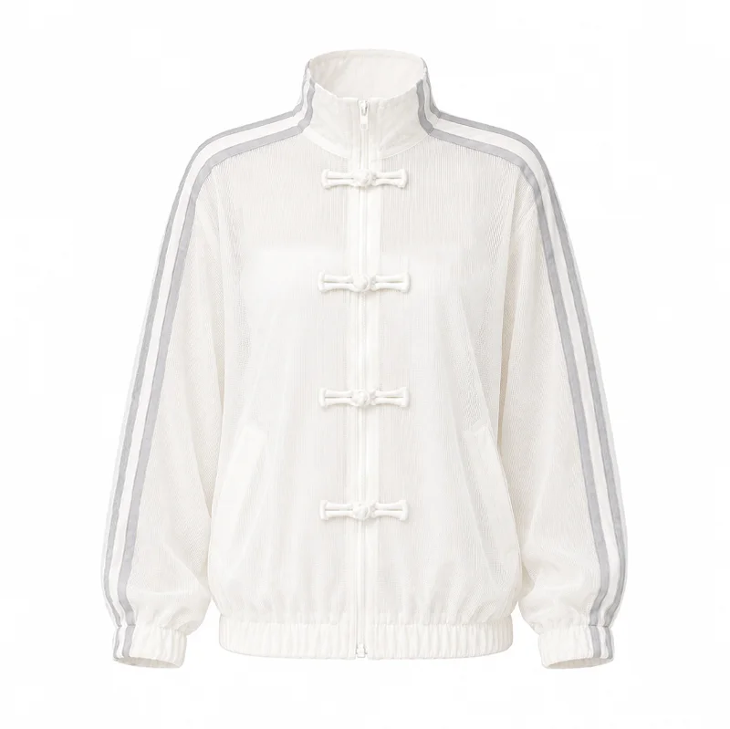 Damen-Mesh-Sweatshirt-Jacke mit Reißverschluss, Stehkragen, Kontraststreifen, Langen Ärmeln, Froschknöpfen, Lockerer Passform, Y2K-Streetwear – Detail 3
