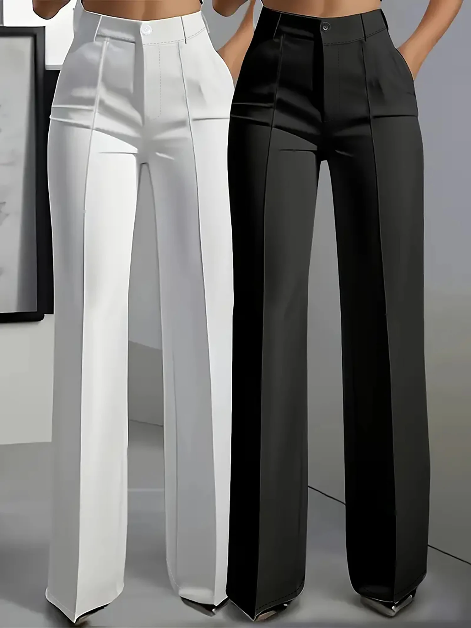 

Elegant Casual Solid Color Women's Pants Set (2pcs) with Button Zipper Semi-Rubberized Elastic Waist for All Seasons