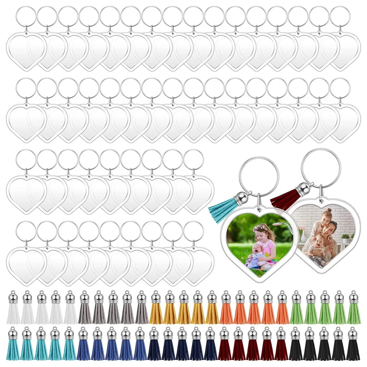 50 Sets Acrylic Photo Frame Keychain with Tassels, Snap-In Custom Insert Photo Keyring Clear Blank Picture Keyring