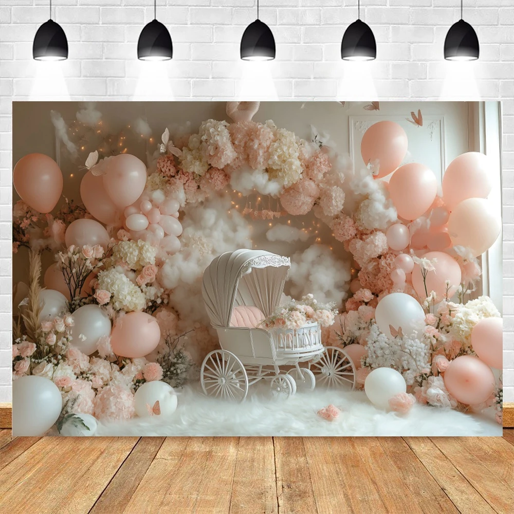 Baby Shower Photography Backdrop Pink Arch Balloon Butterfly Stroller Newborn Birthday Party Decorations Background Photo Studio