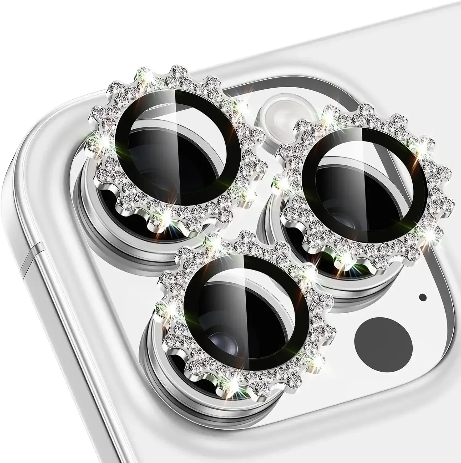 Bling 3D Metal Gear Design Diamond Camera Lens Glass Protector for IPhone 16 17 Pro Max 15Pro 16Plus Case Friendly Rings
