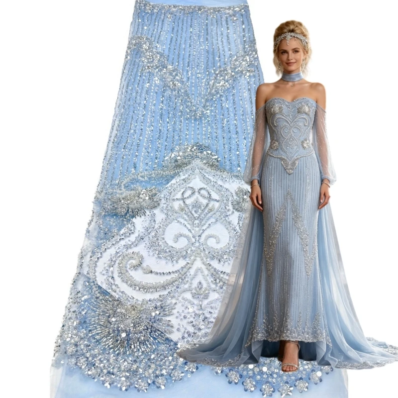 New Fashion African Beaded Sequin Lace Fabric, French Tulle Embroidery Lace Material for Nigerian Wedding Bridal Gown Sewing