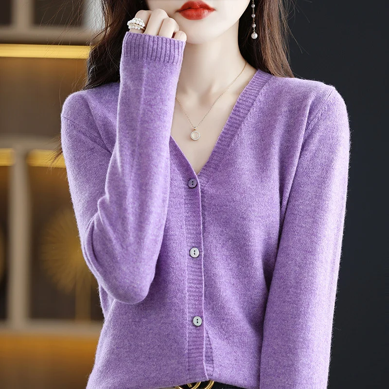 Women\'s Cardigan 100% Merino Wool Knitted Sweater Chic Top Causal Long Sleeve Loose Large Size Women Shirt Spring Autumn