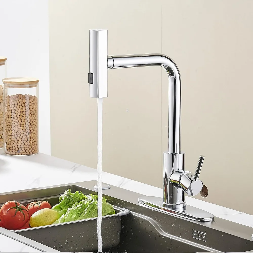 

Single Hole Kitchen Sink Faucets with Pull Down Sprayer in Chrome, Single Handle, High Flow Water, Pull Out Tap, Stainless Steel