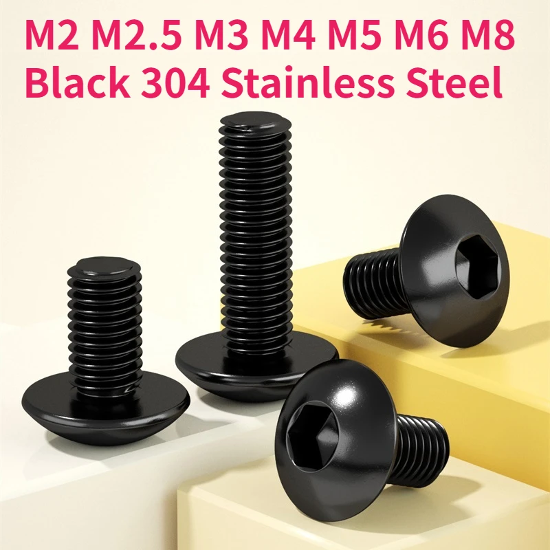 M2 M2.5 M3 M4 M5 M6 M8 Black 304 Stainless Steel Round Pan Mushroom Head Screws Hexagon Hex Socket Button Head Bolt Truss Screws