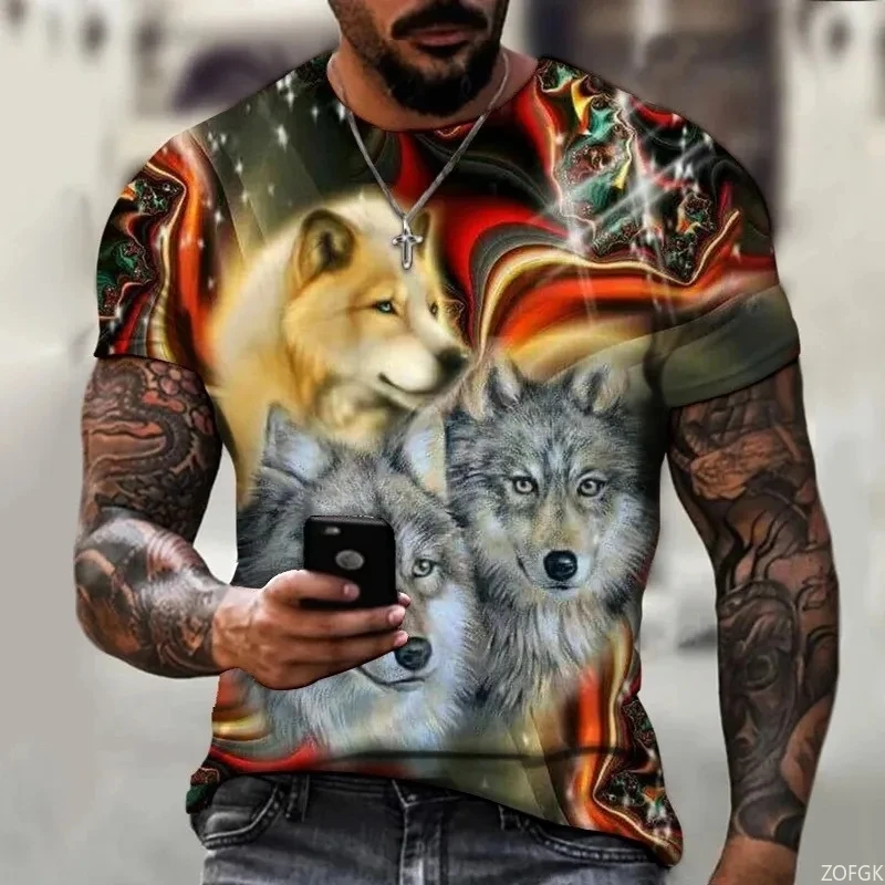 حجم كبير ملابس للرجال الذئب تي شيرت الصيف قصيرة الأكمام الجولة الرقبة ثلاثية الأبعاد الحيوان طباعة الشارع موضة الذكور بلايز تيز المعتاد