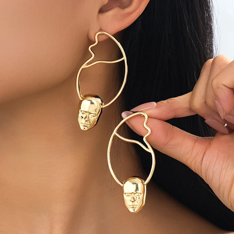 Women Modern Double Layer Face Silhouette Dangle Earrings Gold Tone Art Abstract Trendy Accessories