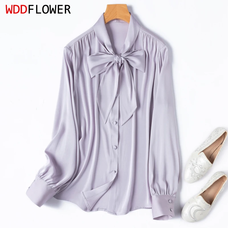 

Women Silk Shirt 93% Mulberry Silk 7% Spandex Purple Color Bow-tied Neck Long Sleeve Buttons Down Top Blouse M L XL M1444