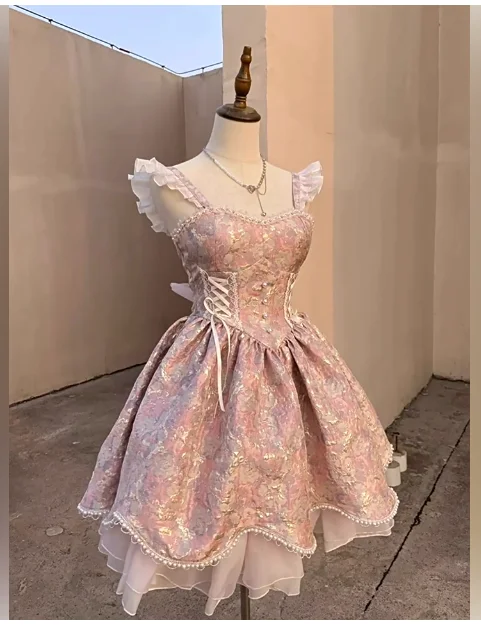Pink Purple Flying Sleeve Jacquard Heavy Industry Lolita Princess Dresses Spring Summer Girls Versatile Age Reduction Dress
