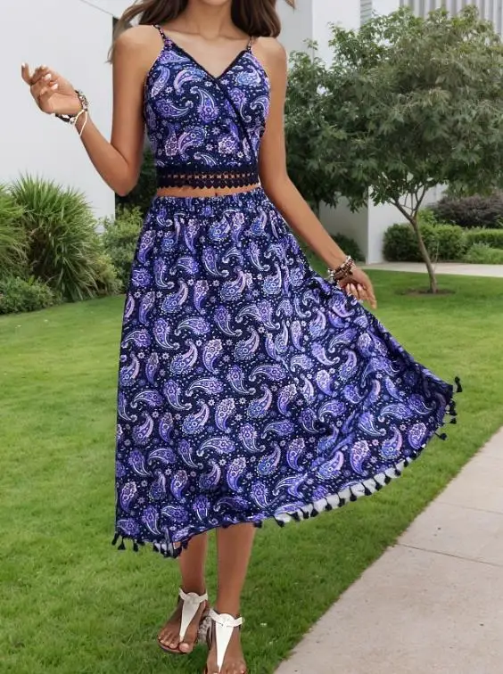 

2026 summer new women's fashionable and sexy Bohemian style backless sleeveless camisole top and skirt two-piece set dress