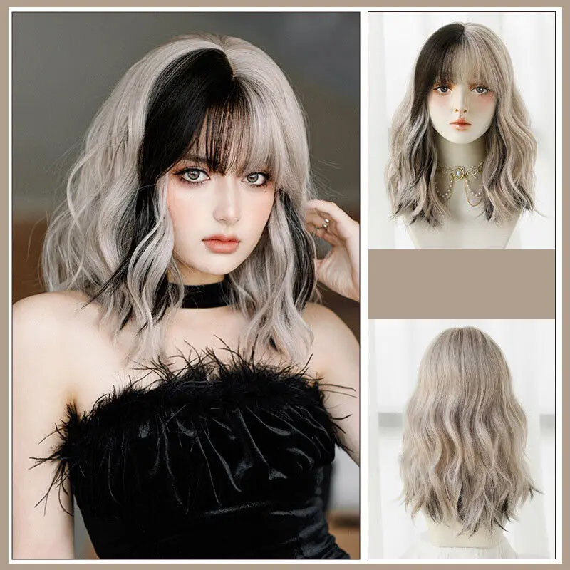 Woman Short Curly Hair Silver Grey Powder Simulation Full Head Set wig