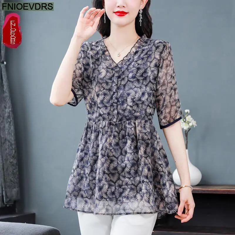 L-5XL 2023 Loose Clothes Women French Design Elegant Office Lady Basic Button Shirt Casual Retro Floral Print Peplum Tops Blouse