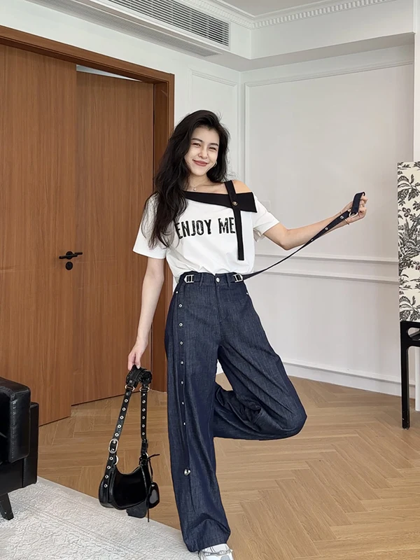

Cool Sle Color Blo T-irt High Waist Straight Leg Jeans Belt Women's Summer Faion Set ort Sve Crew Ne Top