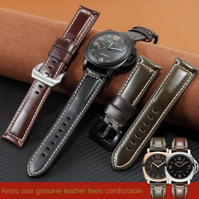 Universal Retro Leather Watch Strap Of Various Brands 20/22/24/26mm Straight Interface Oil Wax Leather Watchband