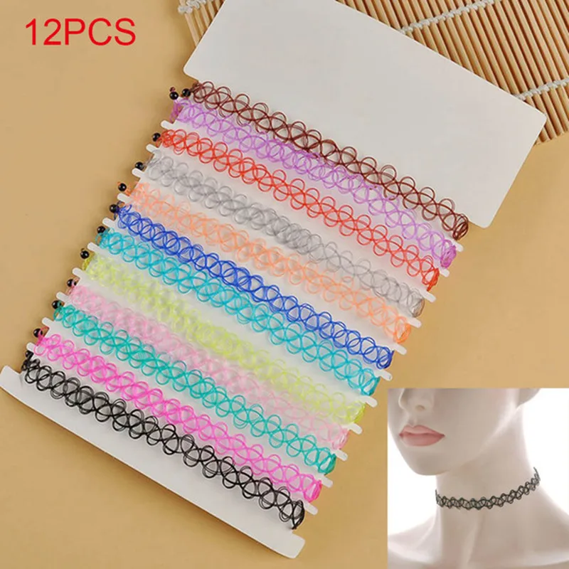 12pcs/lot Hot Sell Vintage Hippy Stretch Tattoo Choker Necklace Elastic Chocker Necklace Fishing Line Tattoo Colorful Necklace