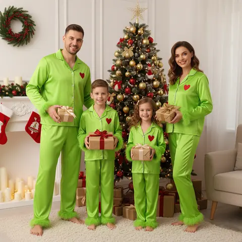Women Xmas Pjs Set Green Satin Silk Button Down Shirts Jammies Sleepwear Family Christmas Pajamas Matching Sets