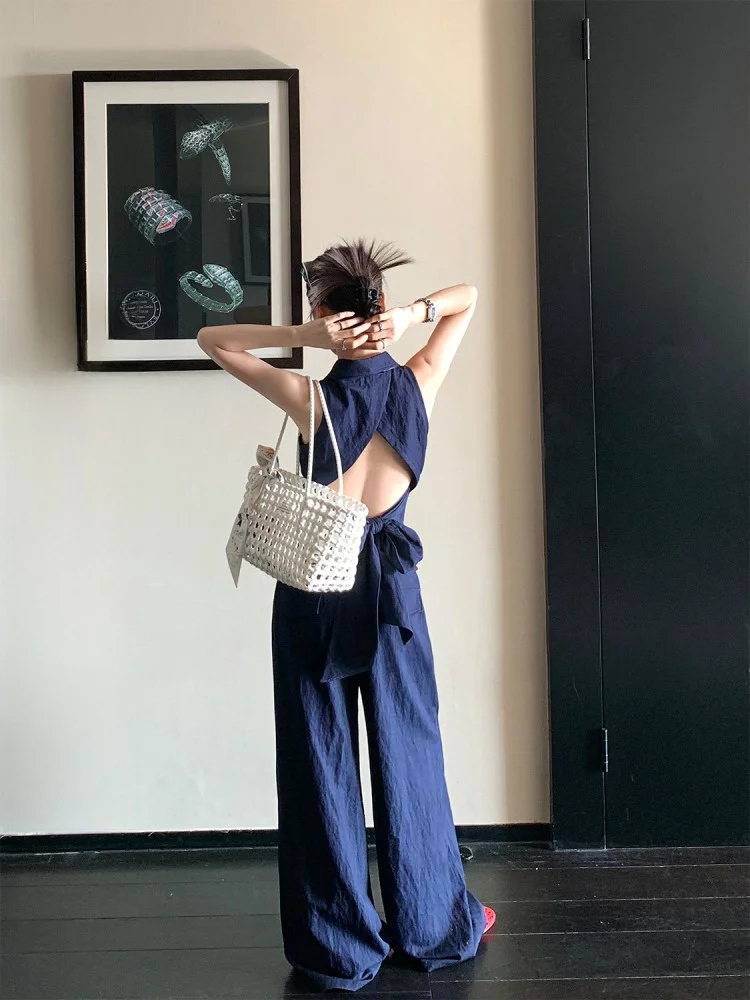 

LIONE Original Color Denim Vest And Loose Wide Leg Pants Set Women's Summer Faion Two-Piece Suit Bal Strap Design