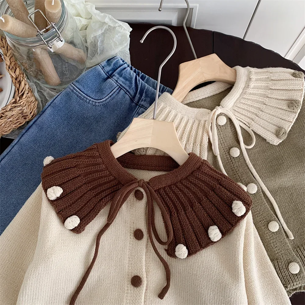 Sweaters Childrens Clothing Autumn New Korean Girl Big Collar Simple 2024 Loose Coat Baby Knitting Cardigan Striped
