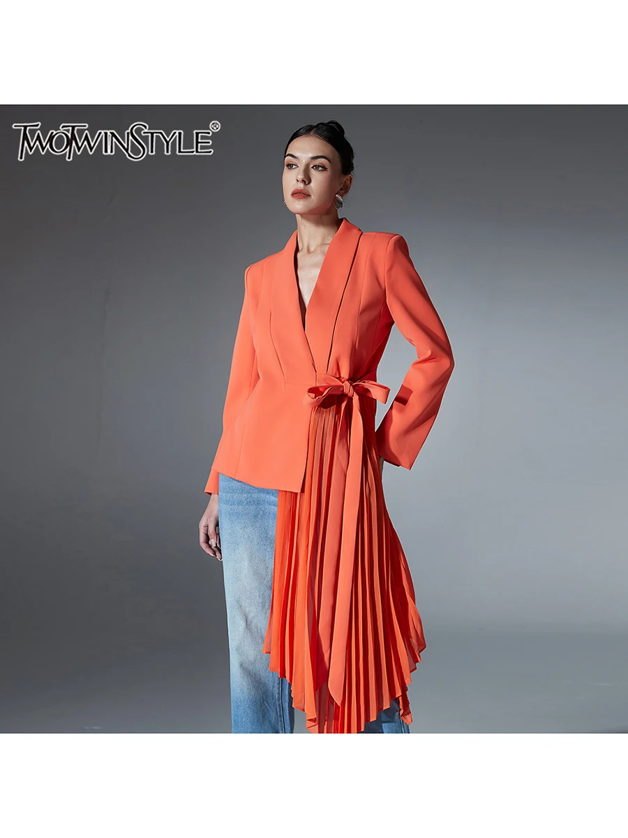 TWOTWINSTYLE Solid Patchwork Ruffles Blazer For Women Notched Collar Long Sleeve Spliced Lace Up Slim Temperament Coats Female