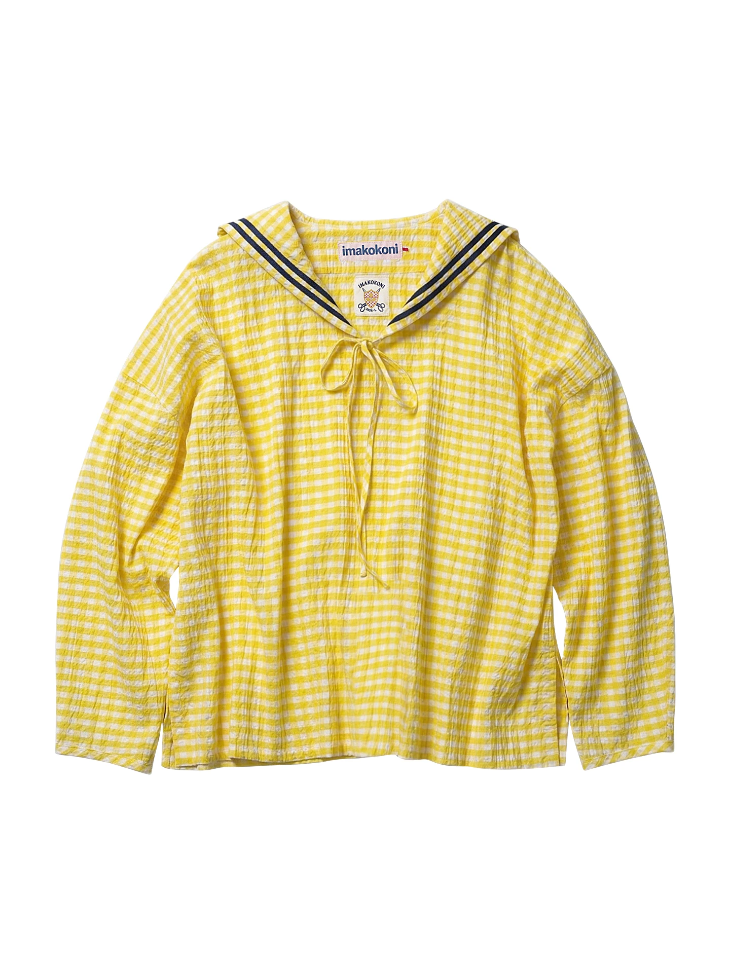 

Женская рубашка в желтую клетку, imakokoni, в свежем весеннем стиле, с темно-синим воротником, свободный топ с длинными рукавами на шнуровке 265428