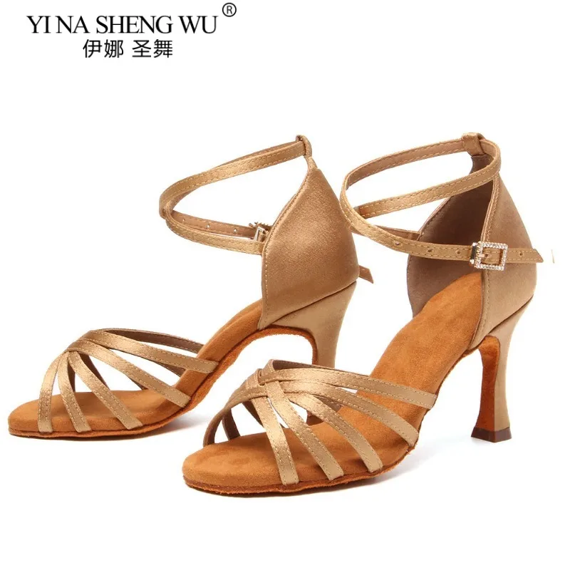 Women Latin Dance Shoes Soft Sole Ballroom Tango Indoor Dance Shoes Light Brown Cuban High Heel Party Dance Shoes Wholesale