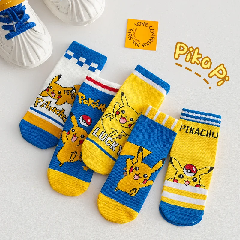 5 Pairs Pikachu Children mid-calf Socks Anime Kids Boys Short Sock Kawaii Cartoon Baby Fall Winter Harajuku Sports Socks 1-12Y