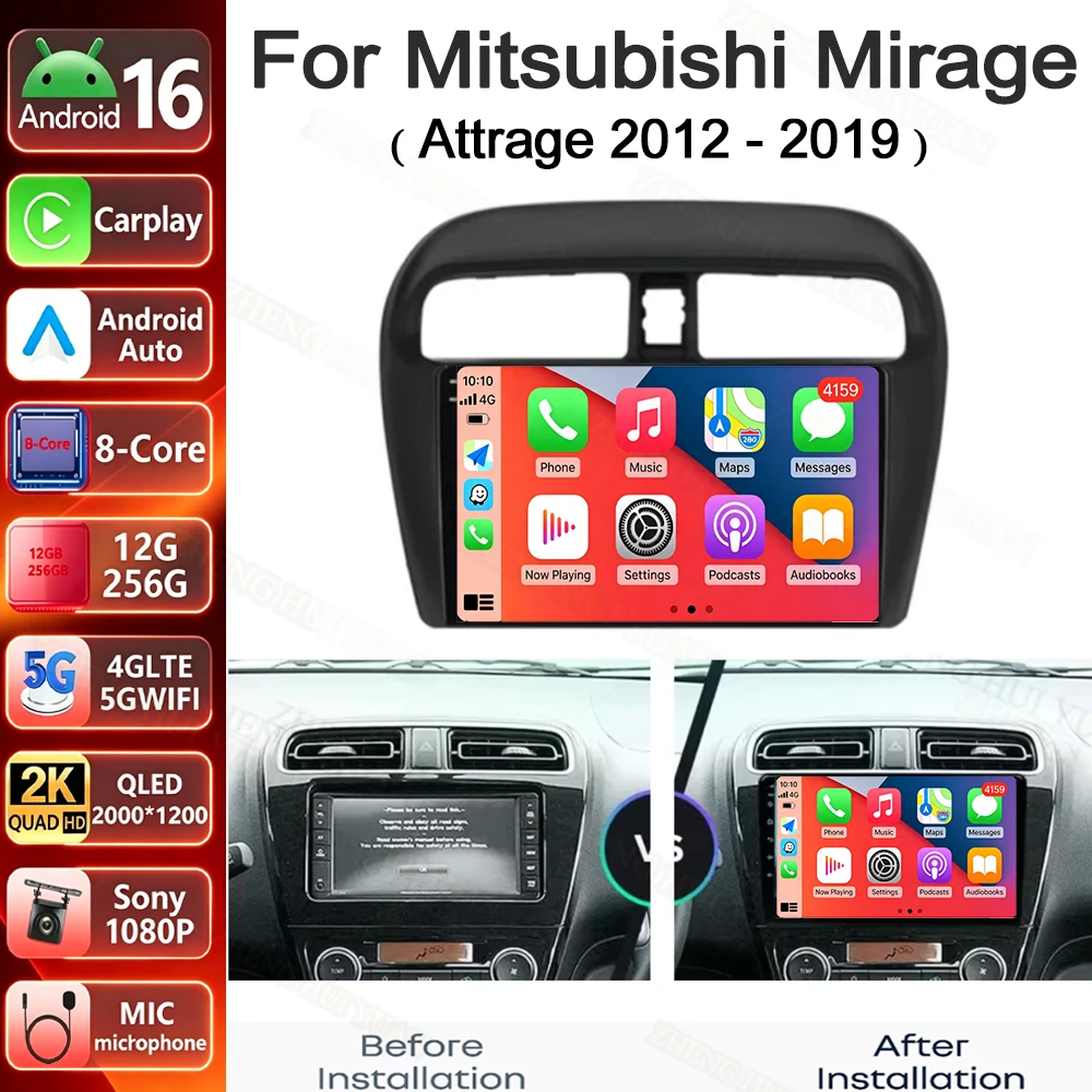 Android 16 9-Zoll Autoradio für Mitsubishi Mirage Attrage 2012-2018 2019, Space Star 2014 Navigation Stereo Multimedia Tuning Bildschirm